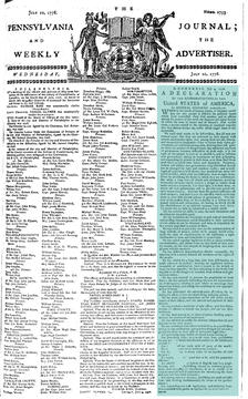 Front Page of Pennsylvania Journal, July 10, 1776