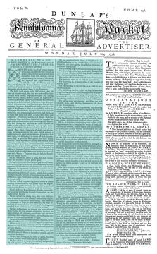 Front Page of Dunlap's Pennsylvania Packet, July 8, 1776