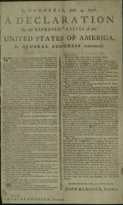 Broadside of the Declaration of Independence, Printed by Thomas and Samuel Green, New Haven, CT